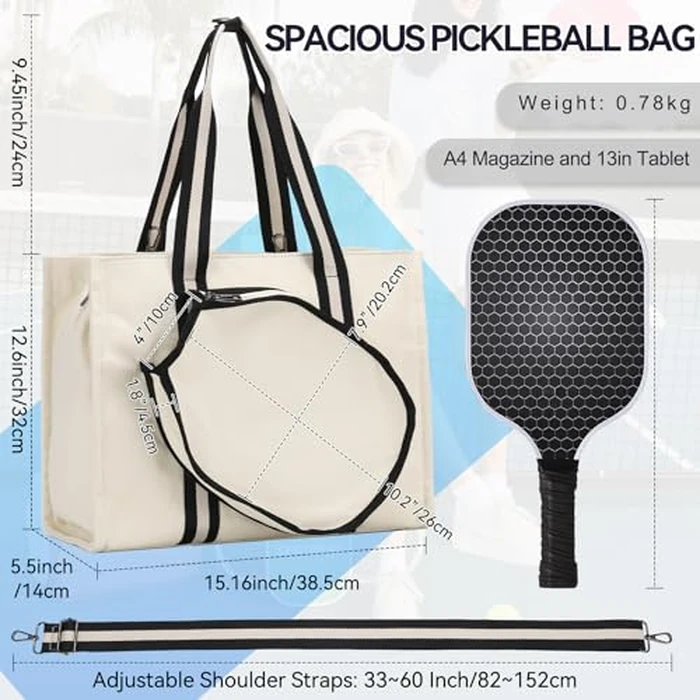 Pickleball Tote Bags for Women with Fence Hook,Vaschy Canvas Pickleball Paddle Holder Case Work/Gym/Sports Tote for 2 Rackets Beige by VASCHY - Image 2