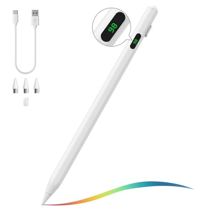 MoKo Stylus Pen for Touch Screen, Active Universal StylusPen Compatible with iPad/iPhone/Samsung(Non-S Pen) and Other iOS/Android Smartphone and Tablet Devices Tablet Pencil with Power Display, White by MoKo - Image 1