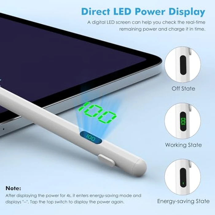 MoKo Stylus Pen for Touch Screen, Active Universal StylusPen Compatible with iPad/iPhone/Samsung(Non-S Pen) and Other iOS/Android Smartphone and Tablet Devices Tablet Pencil with Power Display, White by MoKo - Image 3