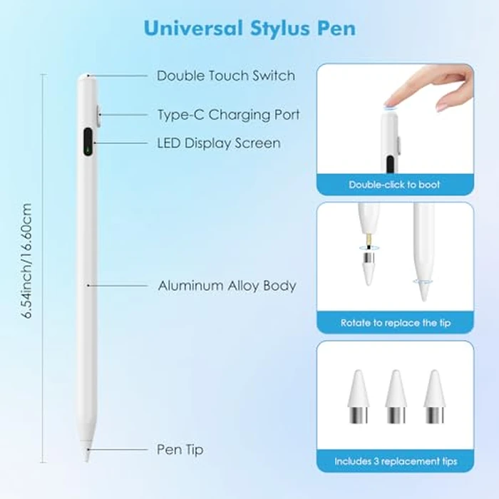 MoKo Stylus Pen for Touch Screen, Active Universal StylusPen Compatible with iPad/iPhone/Samsung(Non-S Pen) and Other iOS/Android Smartphone and Tablet Devices Tablet Pencil with Power Display, White by MoKo - Image 6