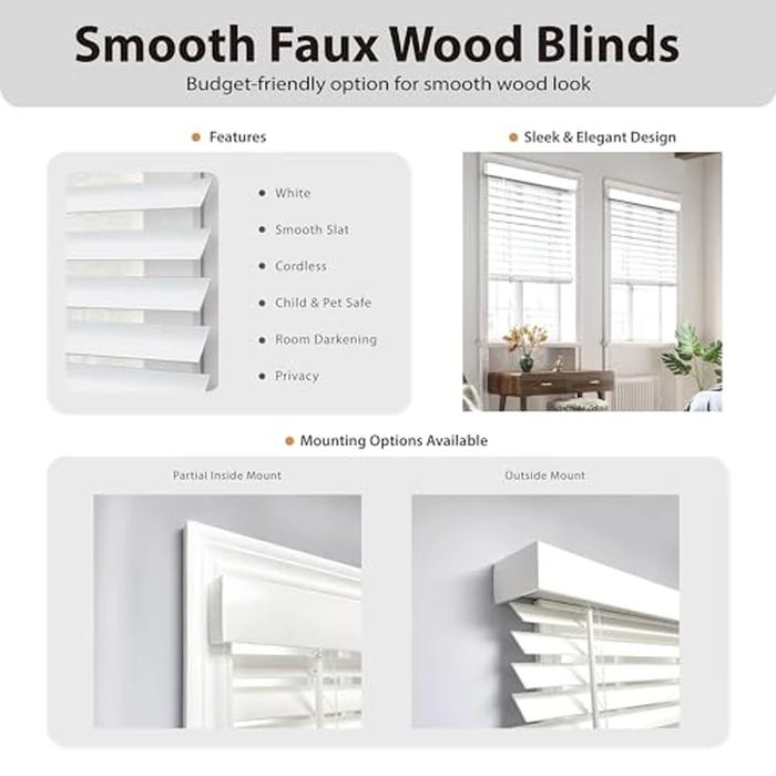 DEZ FURNISHINGS Cordless 2" Smooth Faux Wood Blind, 21.5" W x 60" H, Smooth White by DEZ Furnishings - Image 3