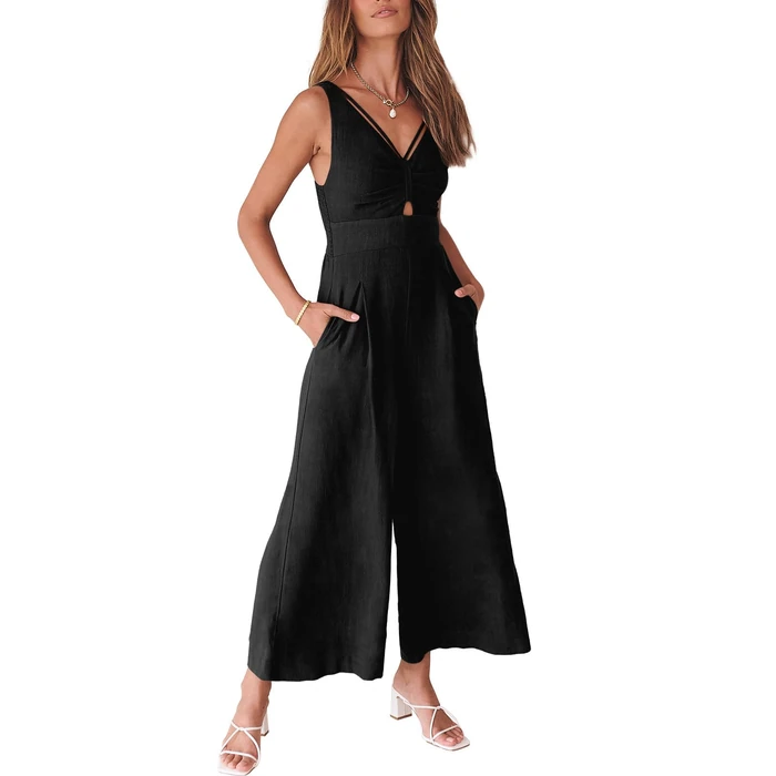 ANRABESS Womens Jumpsuits Summer Linen Wide Leg Sleeveless V Neck Casual Dressy Rompers Pants 2026 Spring Vacation Outfits Black Small by ANRABESS - Used - Like New condition - US$36.16