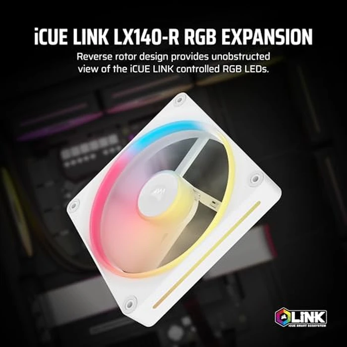 CORSAIR iCUE Link LX140-R RGB 140mm PWM Reverse Fan - Single Fan - Low-Noise, CORSAIR Magnetic Dome Bearing, Dual Light Loops, CORSAIR QuikTurn(TM) Screws, Zero RPM Mode - White by Corsair - Used - Like New condition - CA$28.61