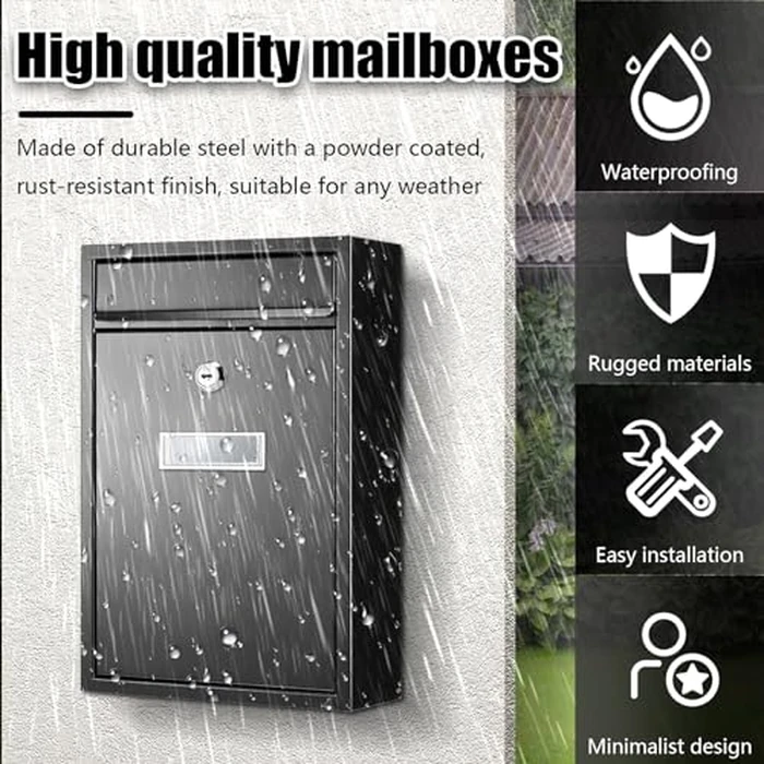 PERCEA Large Rust-Resistant Wall Mount Mailbox with Secure Lock & Keys, Ideal for Home & Office - Black (12.6H x 8.5L x 3.3W Inches) by PERCEA - Image 4