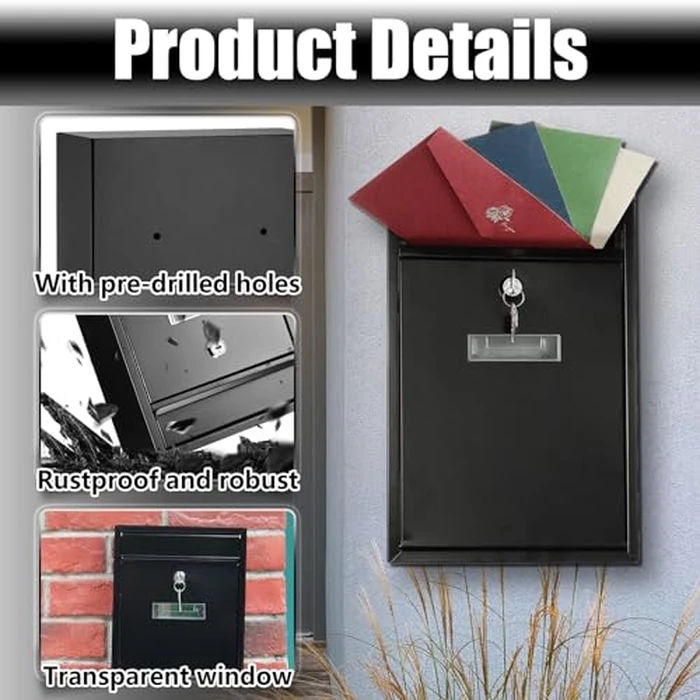 PERCEA Large Rust-Resistant Wall Mount Mailbox with Secure Lock & Keys, Ideal for Home & Office - Black (12.6H x 8.5L x 3.3W Inches) by PERCEA - Image 5