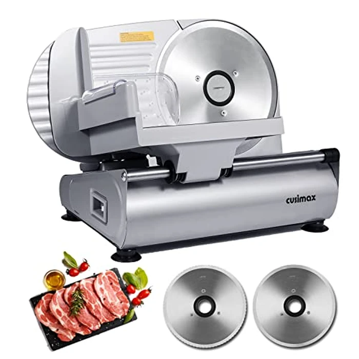Meat Slicer, CUSIMAX 200W Electric Deli Food Slicer with Two 7.5” Removable Stainless Steel Blade and Pusher, Deli Cheese Fruit Vegetable Bread Cutter, Adjustable Knob for Thickness, Food Carriage by CUSIMAX - Used - Like New condition - CA$134.00