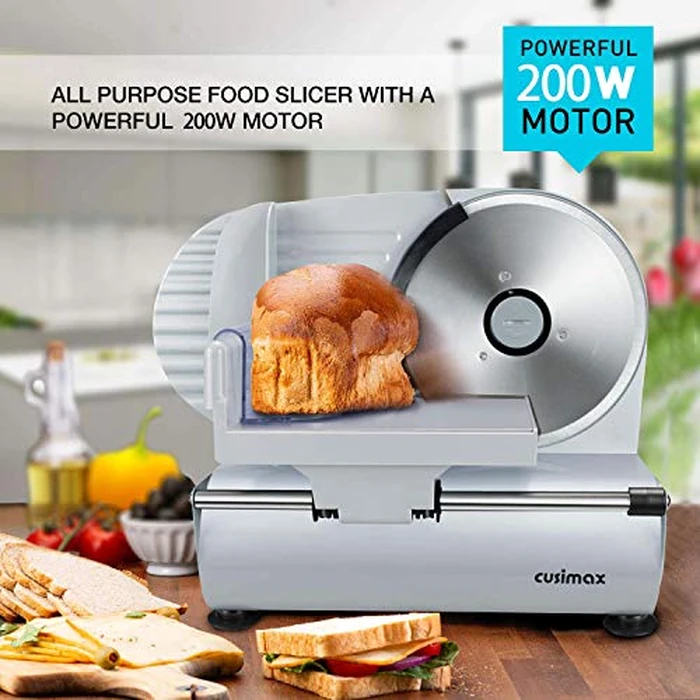 Meat Slicer, CUSIMAX 200W Electric Deli Food Slicer with Two 7.5” Removable Stainless Steel Blade and Pusher, Deli Cheese Fruit Vegetable Bread Cutter, Adjustable Knob for Thickness, Food Carriage by CUSIMAX - Image 2