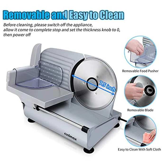 Meat Slicer, CUSIMAX 200W Electric Deli Food Slicer with Two 7.5” Removable Stainless Steel Blade and Pusher, Deli Cheese Fruit Vegetable Bread Cutter, Adjustable Knob for Thickness, Food Carriage by CUSIMAX - Image 4