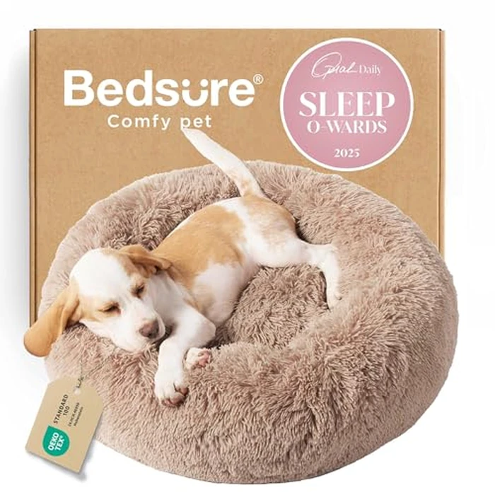 Bedsure Calming Dog Bed for Small Dogs - Donut Washable Small Puppy Bed, 23 inches Anti-Slip Round Fluffy Plush Faux Fur Large Cat Bed, Fits up to 25 lbs Pets, Camel by Bedsure - Used - Very Good condition