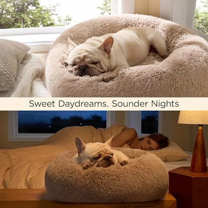 Bedsure Calming Dog Bed for Small Dogs - Donut Washable Small Puppy Bed, 23 inches Anti-Slip Round Fluffy Plush Faux Fur Large Cat Bed, Fits up to 25 lbs Pets, Camel by Bedsure - Image 5