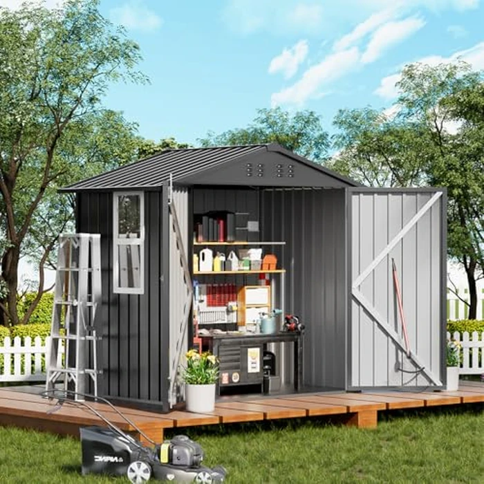 COMHOMA Shed Storage Outdoor Metal Windowed Lockable Garden Toolhouse Weatherproof Ventilated Backyard Utility Workshop(Grey,6'x4') by COMHOMA - Image 1