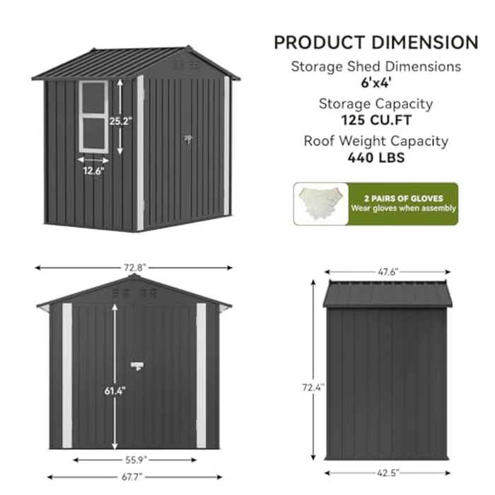 COMHOMA Shed Storage Outdoor Metal Windowed Lockable Garden Toolhouse Weatherproof Ventilated Backyard Utility Workshop(Grey,6'x4') by COMHOMA - Image 2