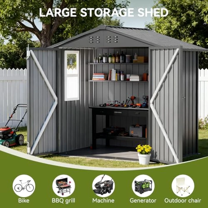 COMHOMA Shed Storage Outdoor Metal Windowed Lockable Garden Toolhouse Weatherproof Ventilated Backyard Utility Workshop(Grey,6'x4') by COMHOMA - Image 4