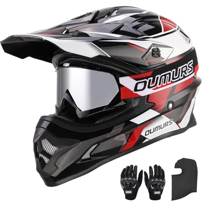 OUMURS DOT Adult ATV Dirt Bike Helmet with Goggles Gloves & Mask Adjustable Sun Visor Motorcycle Adults Helmet Off-Road Motocross Downhill Moped MX for Unisex-Adult-Victory Red, L by Oumurs - Used - Very Good condition - US$86.11