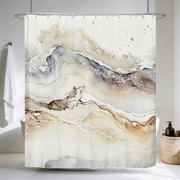 Renaiss Tan Marble Shower Curtain Modern Beige Waterproof Fabric Minimalist Shower Curtains Set Hooks Absract Taupe Ombre Aesthetic Luxury Hotel Bathroom Decorative Shower Curtain 72" W x 72" L by Renaiss - Used - Very Good condition