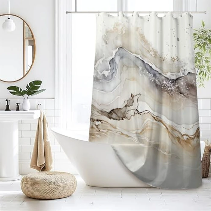 Renaiss Tan Marble Shower Curtain Modern Beige Waterproof Fabric Minimalist Shower Curtains Set Hooks Absract Taupe Ombre Aesthetic Luxury Hotel Bathroom Decorative Shower Curtain 72" W x 72" L by Renaiss - Image 2