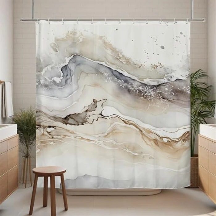 Renaiss Tan Marble Shower Curtain Modern Beige Waterproof Fabric Minimalist Shower Curtains Set Hooks Absract Taupe Ombre Aesthetic Luxury Hotel Bathroom Decorative Shower Curtain 72" W x 72" L by Renaiss - Image 3
