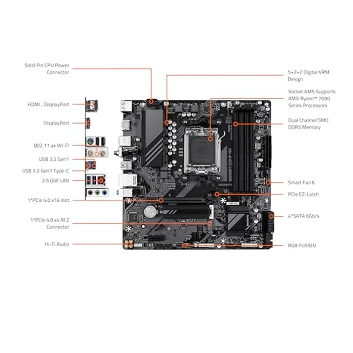 GIGABYTE B650M D3HP AX (rev. 1.0) AMD AM5 mATX Motherboard, Support Ryzen 9000/8000/7000 Series, DDR5, 5+2+2 Power Phase, 2X M.2, PCIe 4.0, USB-C 3.2 Gen 1, WIFI6E, 2.5 GbE, EZ-Latch, Q-Flash Plus by GIGABYTE - Image 6