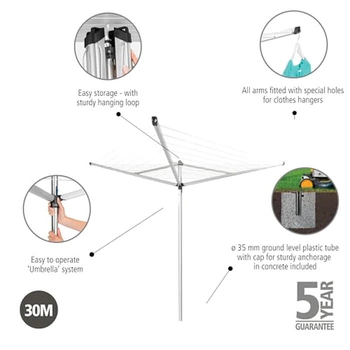 Brabantia Essential Outdoor 3 Arm Clothesline (98 ft/Ø 1.4") Dry Clothes Outside, Spacious Washing Line & Hanger Hooks, Folding Garden Umbrella Clothes Drying Rack + Concrete Ground Tube (Gray) by Brabantia - Image 3