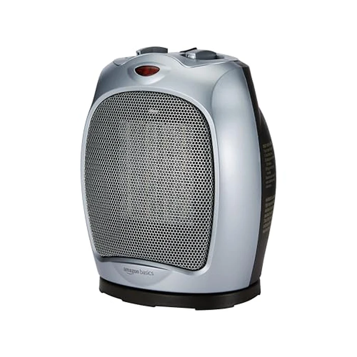 Amazon Basics Oscillating Ceramic Portable Indoor Space Heater, Fast Heating Technology, Overheat and Tip-Over Protection, Adjustable Thermostat, 1500W, 7.52"D x 6.34"W x 9.45"H, Silver by Amazon Basics - Used - Acceptable condition