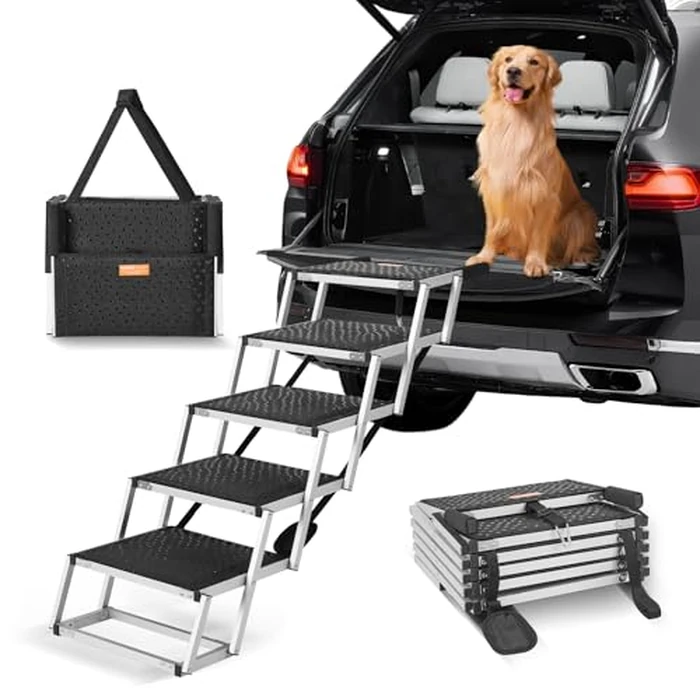VEVOR Dog Stair for Cars, Wide 5-Step Car Ramp, Folding With Nonslip Surface, Portable Pet Steps Lightweight Aluminum for SUV and Truck, Supports up to 150 lbs by VEVOR - Used - Good condition - CA$71.18