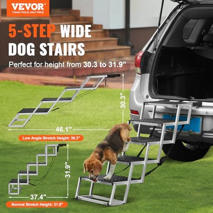 VEVOR Dog Stair for Cars, Wide 5-Step Car Ramp, Folding With Nonslip Surface, Portable Pet Steps Lightweight Aluminum for SUV and Truck, Supports up to 150 lbs by VEVOR - Image 2