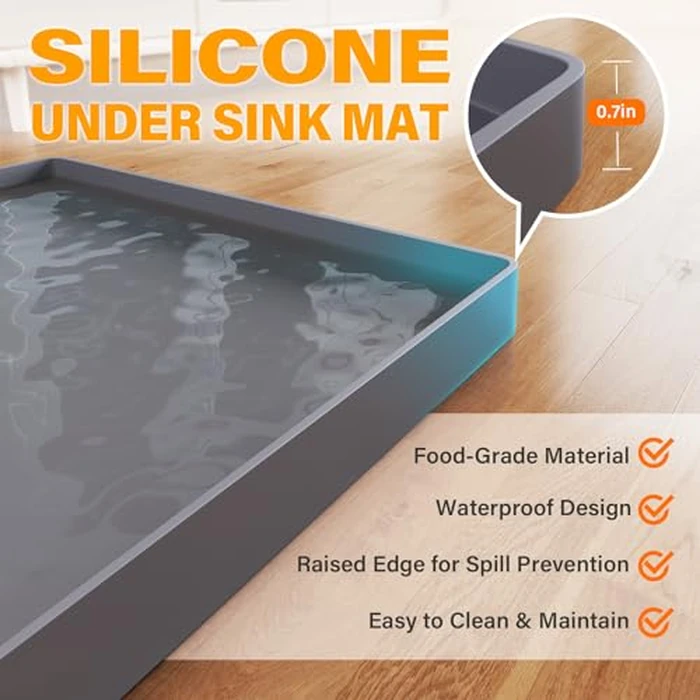 FLATO Waterproof Under Sink Mat 34" x 22" Shelf Liner for Kitchen and Bathroom, Cabinet Protector, Organizers and Storage, Flexible Silicone Drip Tray by FLATO - Image 2