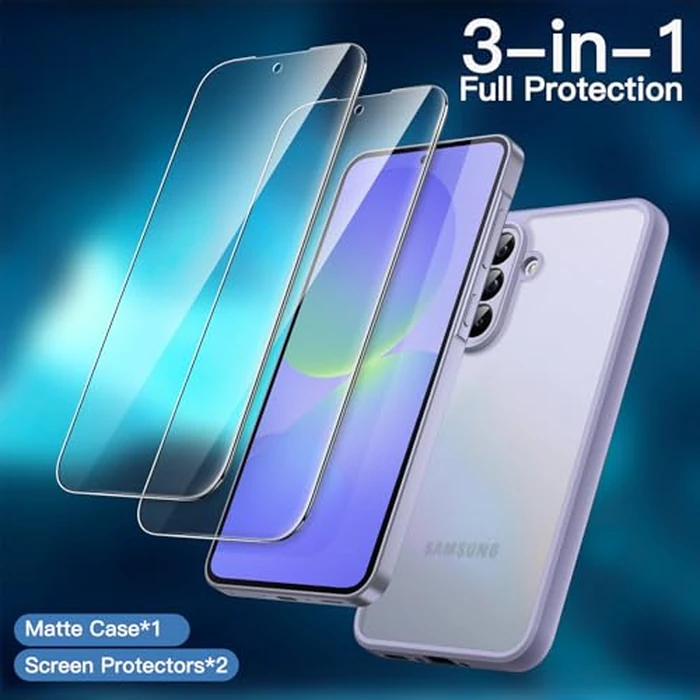 JETech 3 in 1 Matte Case for Samsung Galaxy A36 5G with 2-Pack Tempered Glass Screen Protector, Translucent Frosted Shockproof Phone Cover with Camera Protection (Lavender) by JETech - Image 3