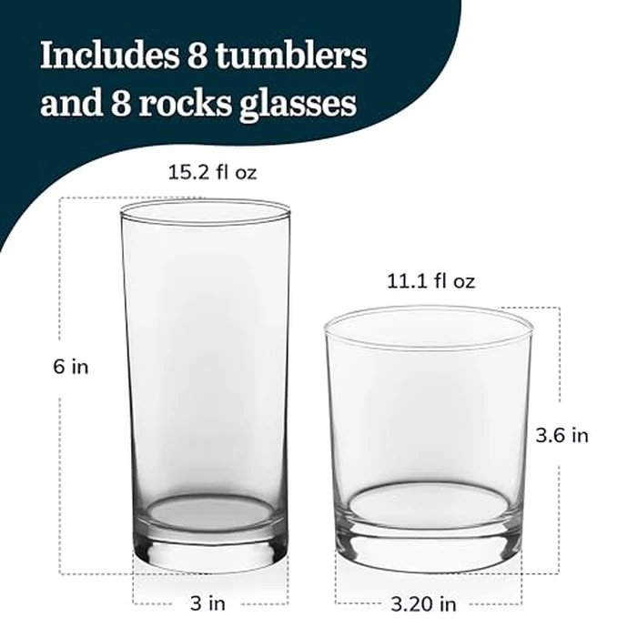 Libbey Province Tumbler and Rocks Glass Set, Elegant Drinkware Glasses Set, Dishwasher Safe Drinking Glasses Set of 16 by Libbey - Image 3