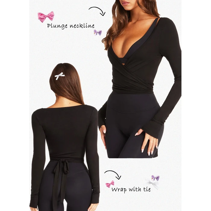 Navneet Women Pilates Wrap Top Long Sleeve Ballet Self Tie Shirt Yoga Tops Black M by Navneet - Image 2