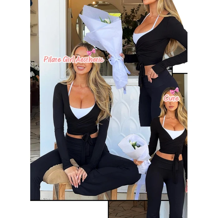 Navneet Women Pilates Wrap Top Long Sleeve Ballet Self Tie Shirt Yoga Tops Black M by Navneet - Image 3