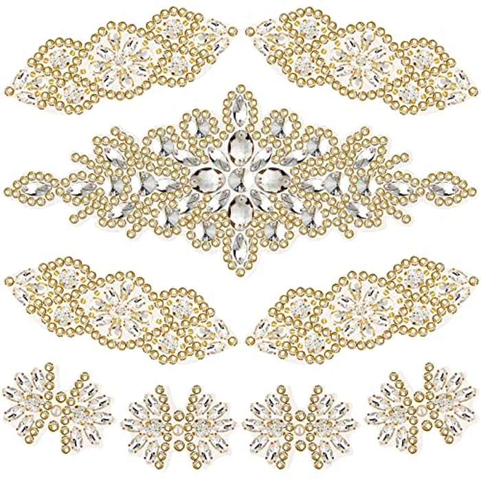 9 Pcs Rhinestone Applique Iron on Patch 3 Style Rhinestone Hot Fix Applique Wedding Hair Appliques for Bridal Wedding Dress Clothing Sash Crystal Belt Sewing Appliques for Shoes(Gold) by WILLBOND - Used - Very Good condition - US$16.04