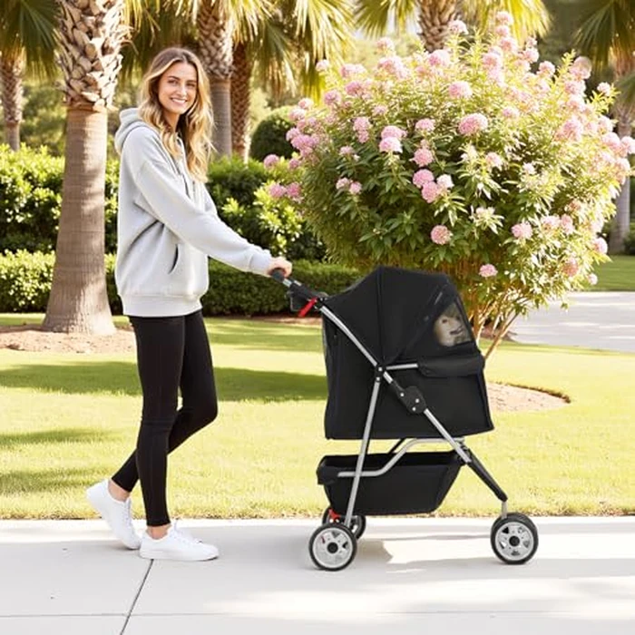 BestPet | 3-Wheel Pet Stroller | Dog and Cat Stroller | Breathable Mesh | Lightweight Travel Carrier | Waterproof & Foldable Design | Storage Basket | Black | for Daily Walks & Outdoor Use by BestPet - Image 2