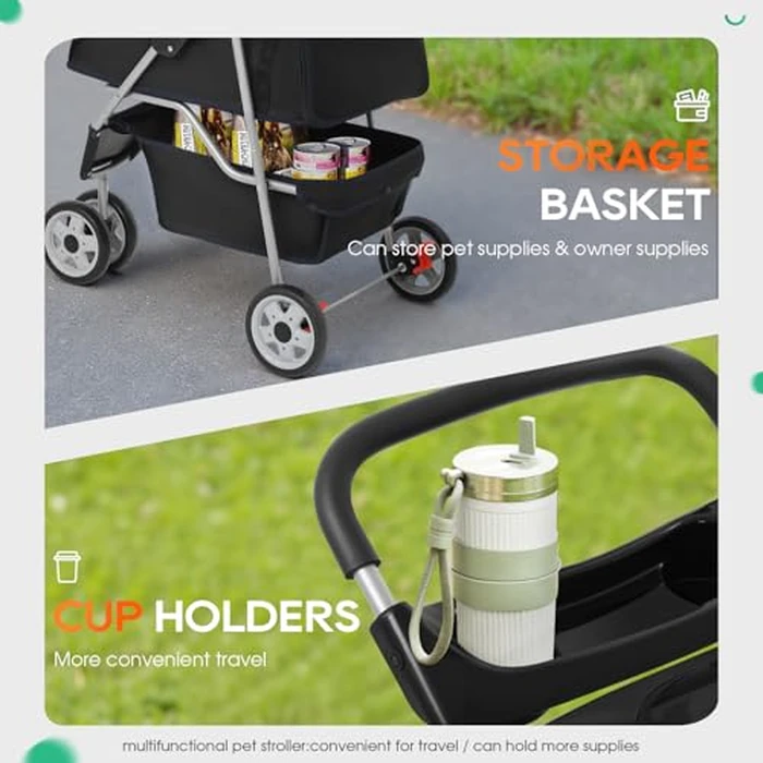 BestPet | 3-Wheel Pet Stroller | Dog and Cat Stroller | Breathable Mesh | Lightweight Travel Carrier | Waterproof & Foldable Design | Storage Basket | Black | for Daily Walks & Outdoor Use by BestPet - Image 5