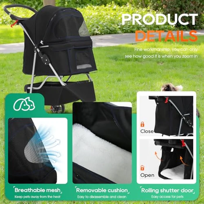 BestPet | 3-Wheel Pet Stroller | Dog and Cat Stroller | Breathable Mesh | Lightweight Travel Carrier | Waterproof & Foldable Design | Storage Basket | Black | for Daily Walks & Outdoor Use by BestPet - Image 6