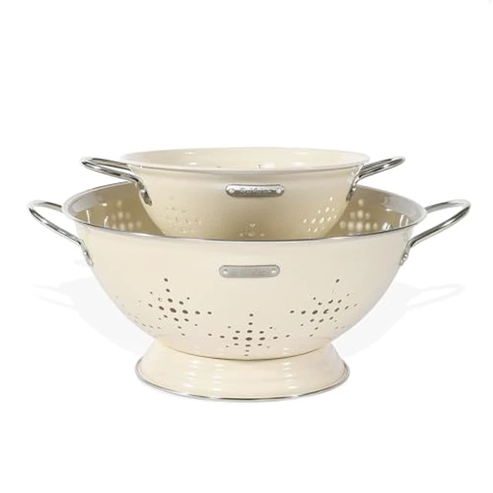 Metal Colander 2 Pack, Strainer Bowel with Handles 2Qt & 6Qt Powder Coated Solid Ring Base Heavey Duty Kitchen Drainer Basket for Pasta Veggies and Fruits,New Home Apartment Essentials (Almond Cream) by BeFare - Image 1