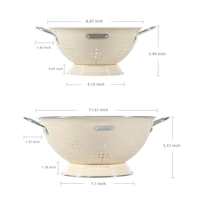 Metal Colander 2 Pack, Strainer Bowel with Handles 2Qt & 6Qt Powder Coated Solid Ring Base Heavey Duty Kitchen Drainer Basket for Pasta Veggies and Fruits,New Home Apartment Essentials (Almond Cream) by BeFare - Image 2