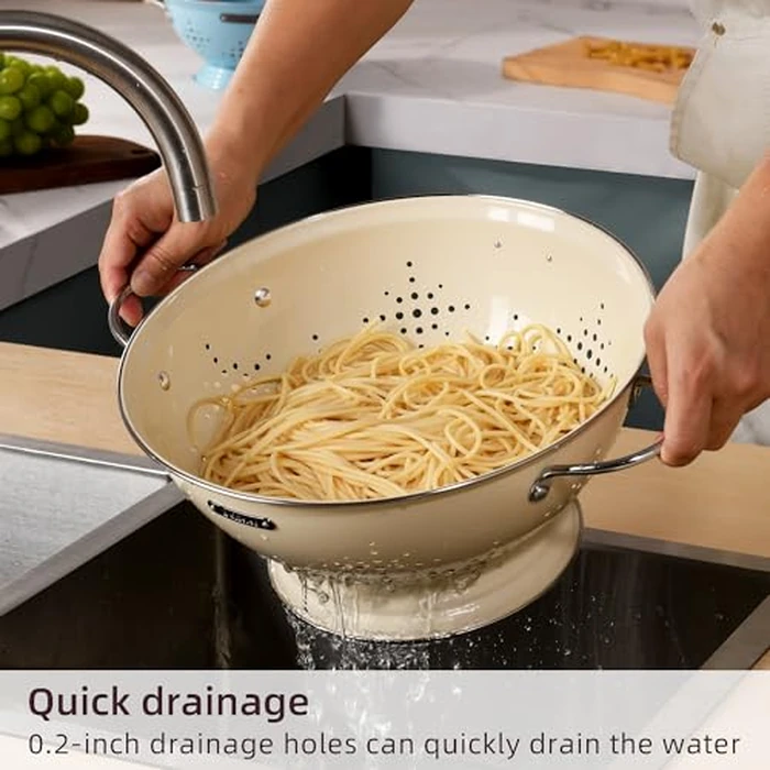 Metal Colander 2 Pack, Strainer Bowel with Handles 2Qt & 6Qt Powder Coated Solid Ring Base Heavey Duty Kitchen Drainer Basket for Pasta Veggies and Fruits,New Home Apartment Essentials (Almond Cream) by BeFare - Image 3