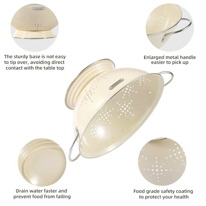 Metal Colander 2 Pack, Strainer Bowel with Handles 2Qt & 6Qt Powder Coated Solid Ring Base Heavey Duty Kitchen Drainer Basket for Pasta Veggies and Fruits,New Home Apartment Essentials (Almond Cream) by BeFare - Image 5
