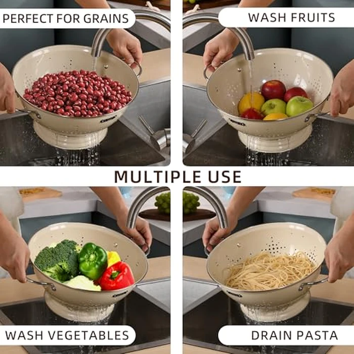 Metal Colander 2 Pack, Strainer Bowel with Handles 2Qt & 6Qt Powder Coated Solid Ring Base Heavey Duty Kitchen Drainer Basket for Pasta Veggies and Fruits,New Home Apartment Essentials (Almond Cream) by BeFare - Image 6