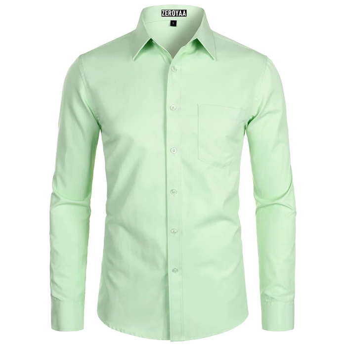 ZEROYAA Men's Long Sleeve Dress Shirt Solid Slim Fit Casual Business Formal Button Up Shirts with Pocket Mint Green S by ZEROYAA - Image 1