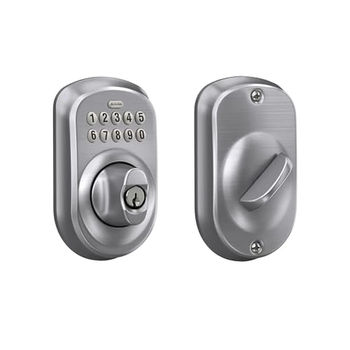 Schlage Plymouth Electronic Keypad Deadbolt Lock, Keyless Front Door Entry, Mechanical Key Backup Included, Satin Chrome, BE365 PLY 626 by SCHLAGE - Used - Very Good condition - CA$114.09