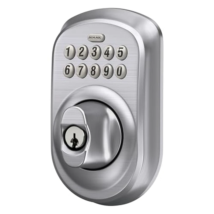 Schlage Plymouth Electronic Keypad Deadbolt Lock, Keyless Front Door Entry, Mechanical Key Backup Included, Satin Chrome, BE365 PLY 626 by SCHLAGE - Image 5