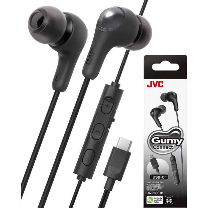 JVC Gumy Connect USB-C Wired Earbuds Headphones, Delay-Free for Videos and Gaming, Built-in DAC Reduces Noise and Improves Sound Quality, 9.2 mm Diameter Neodymium Drivers - HAFR9UCB (Black) by JVC - Used - Good condition