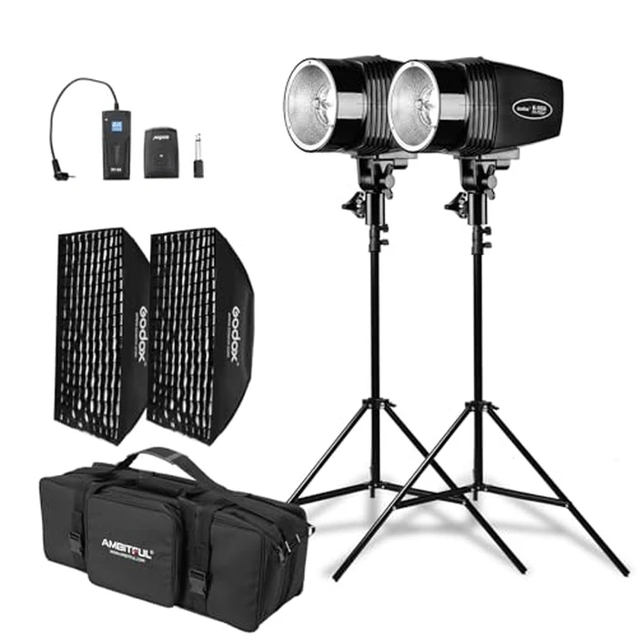 Godox 2X K-180A Strobe Light Kit, 180Ws Studio Strobe Light Kit for Photography,5600K Compact Monolights with RT-16 Trigger, Softbox, Tripod Stands, Storage Bag by GODOX - Used - Like New condition - US$189.20
