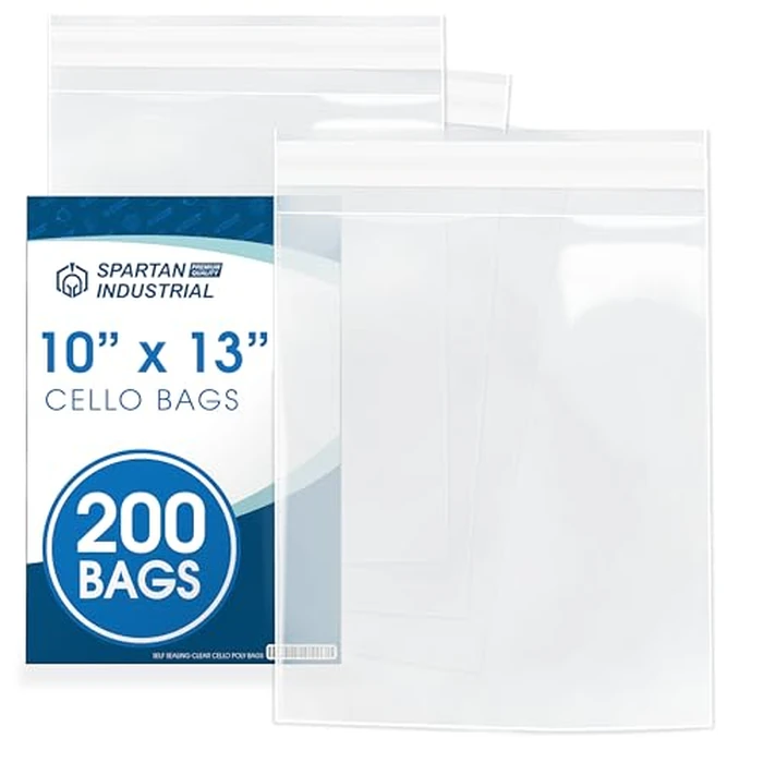 Spartan Industrial - 10" X 13" (200 Count) Crystal Clear Resealable Cello Poly Bags for Packaging, Clothing & T Shirts - Self Seal & Reinforced by Spartan Industrial - Image 1