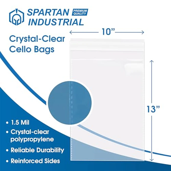 Spartan Industrial - 10" X 13" (200 Count) Crystal Clear Resealable Cello Poly Bags for Packaging, Clothing & T Shirts - Self Seal & Reinforced by Spartan Industrial - Image 2