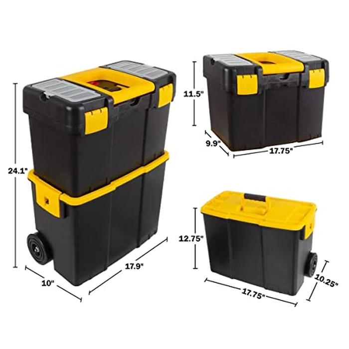 Portable Tool Box with Wheels - Stackable 2-in-1 Tool Chest with Fold-Down Comfort Handles, Tough Latches, and Removable Storage Trays by Stalwart by Stalwart - Image 2