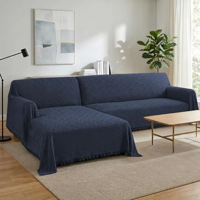 Turquoize Sectional L Shape Couch Covers Couch Cover Blanket Sofa Slipcover Washable 2 Pieces Furniture Protector for Pets Geometrical Woven Jacquard Fabric (Chaise/3 Seats, Navy) by Turquoize - Used - Very Good condition