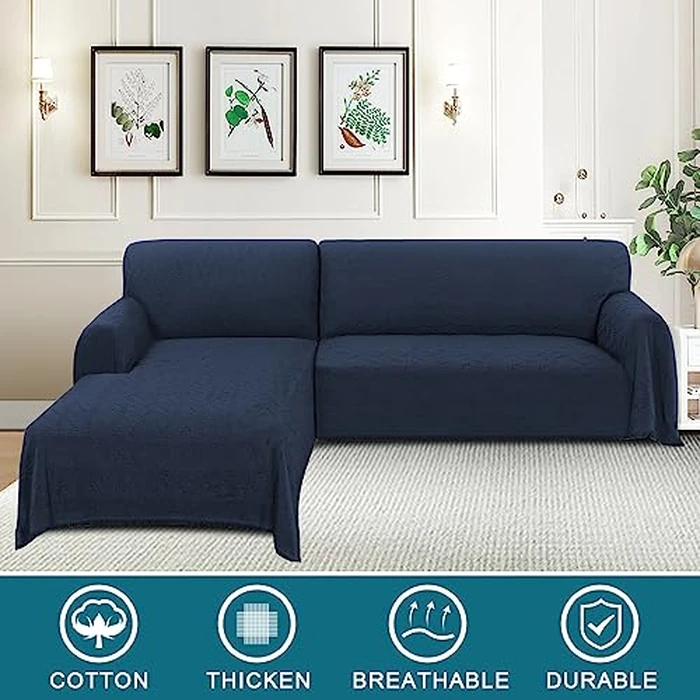 Turquoize Sectional L Shape Couch Covers Couch Cover Blanket Sofa Slipcover Washable 2 Pieces Furniture Protector for Pets Geometrical Woven Jacquard Fabric (Chaise/3 Seats, Navy) by Turquoize - Image 2